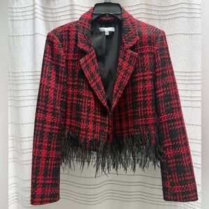 Cropped jacket with faux feather feathers